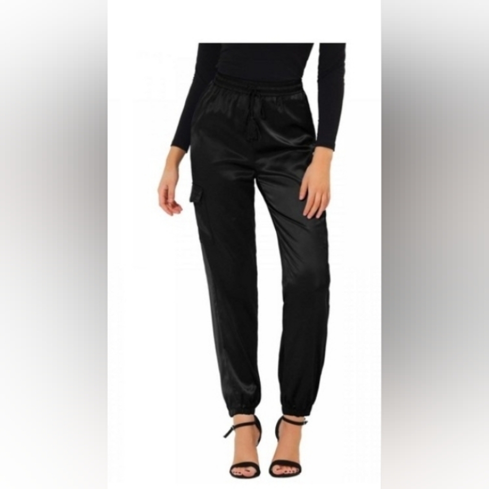Allegra k Women's Drawstring Elastic High-Rise Cargo Pocket Silky satin Pants